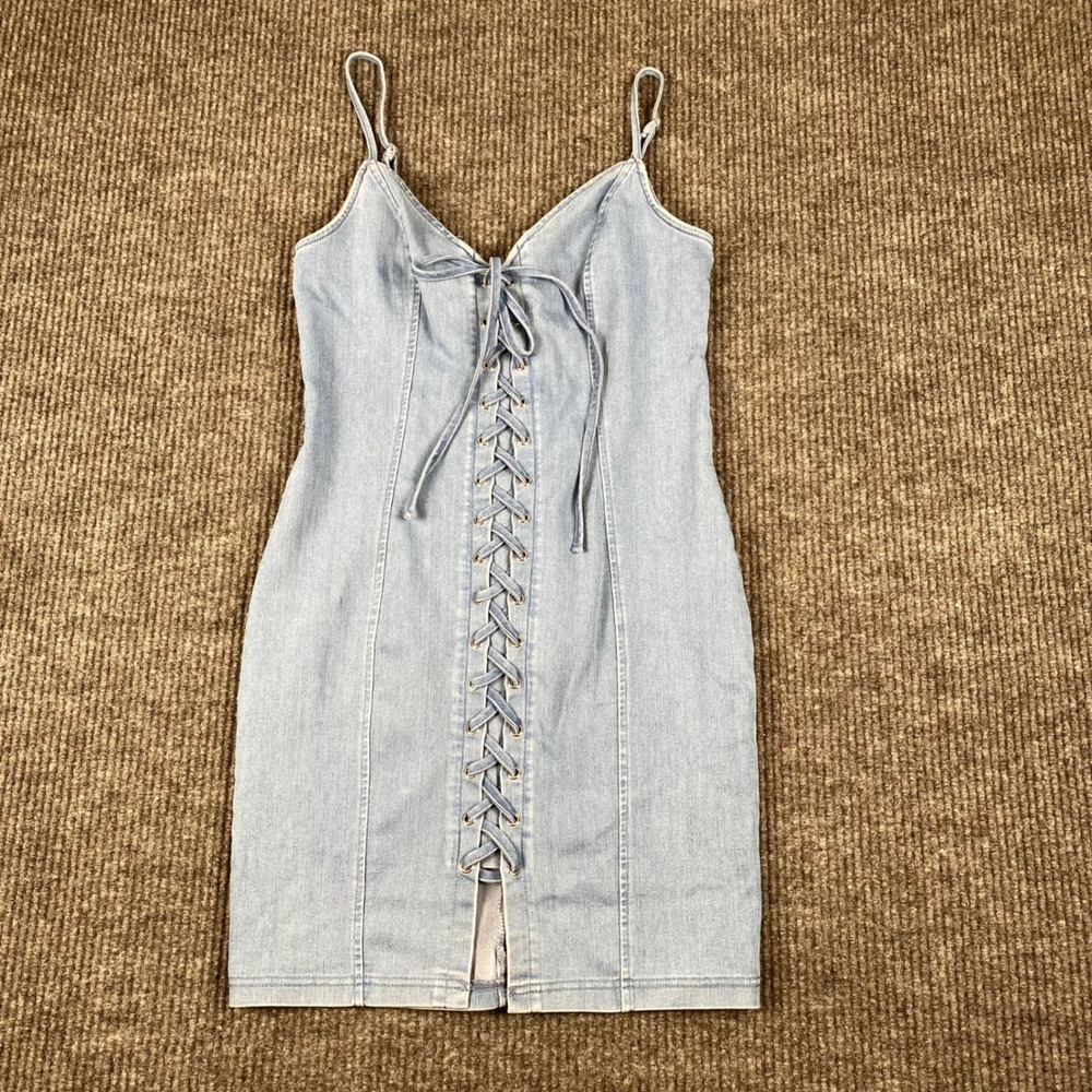 Story On Light Wash Denim Lace Up Front Mini Dress Bodycon Small